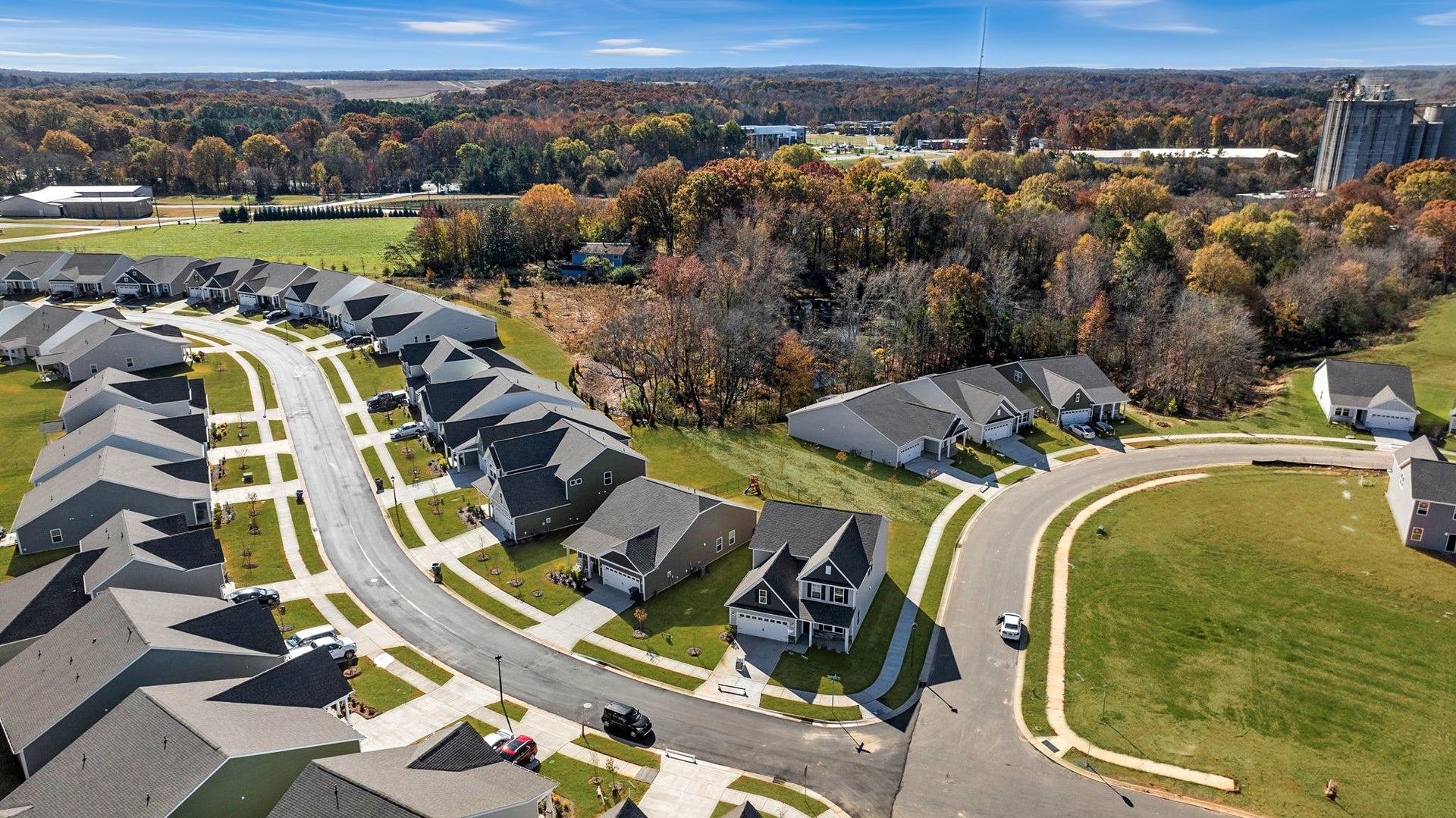 Aerial view of homes in Marshville, NC with surrounding Union County countryside
